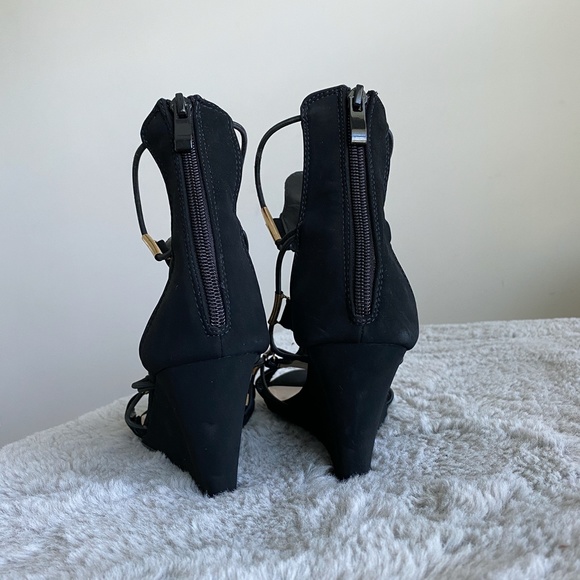 Forever Black Suede Wedges with Gold Accents - Picture 11 of 12